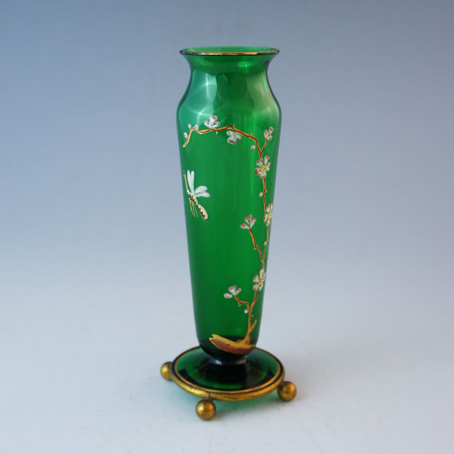 装飾ガラス「梅の木に昆虫文 緑色ガラス 花瓶」