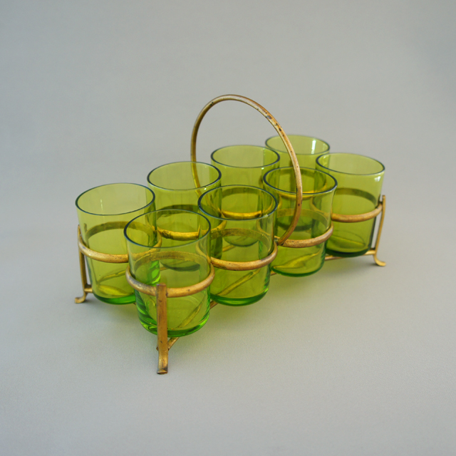 グラスウェア「ホルダー付 緑色ガラス リキュールセット」