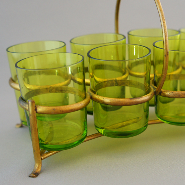 グラスウェア「ホルダー付 緑色ガラス リキュールセット」