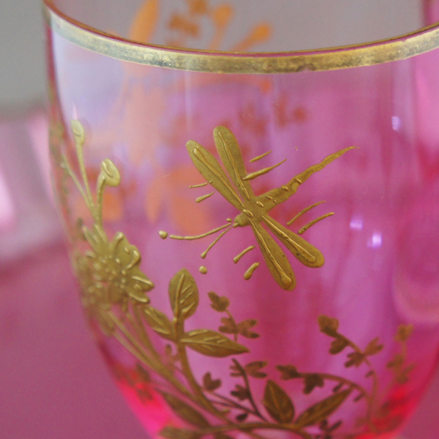 装飾ガラス「ピンク色ガラス デカンタ&グラス&トレー セット」
