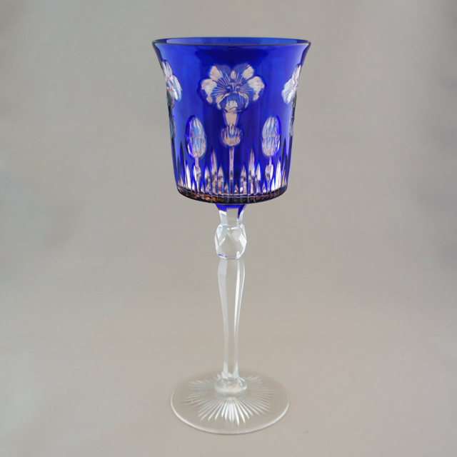 グラスウェア「花文様 青被せガラス ワイングラス」