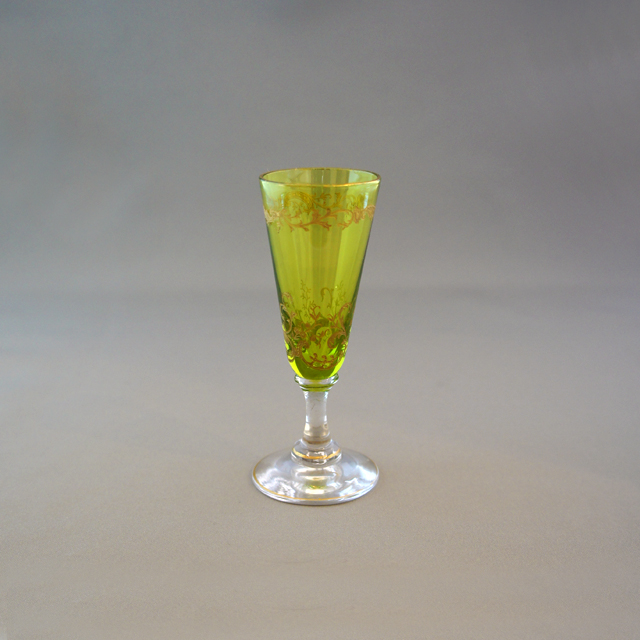 オールドバカラ「金彩 緑ガラス リキュールグラス 高さ9cm 