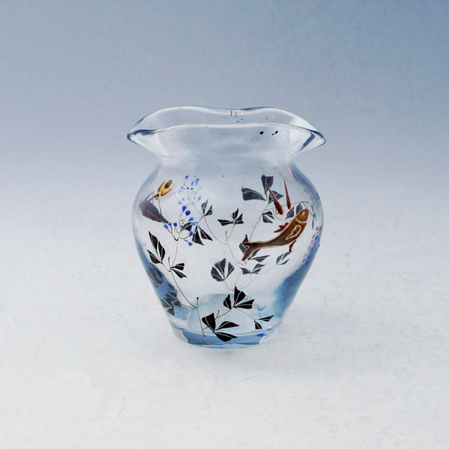アールヌーヴォー「月光色ガラス 小魚文 小花瓶」