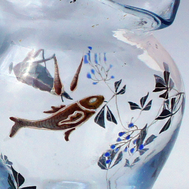 アールヌーヴォー「月光色ガラス 小魚文 小花瓶」