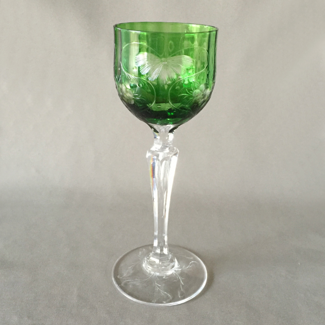 グラスウェア「グラヴィール装飾 グリーン ワイングラス 高さ20cm」