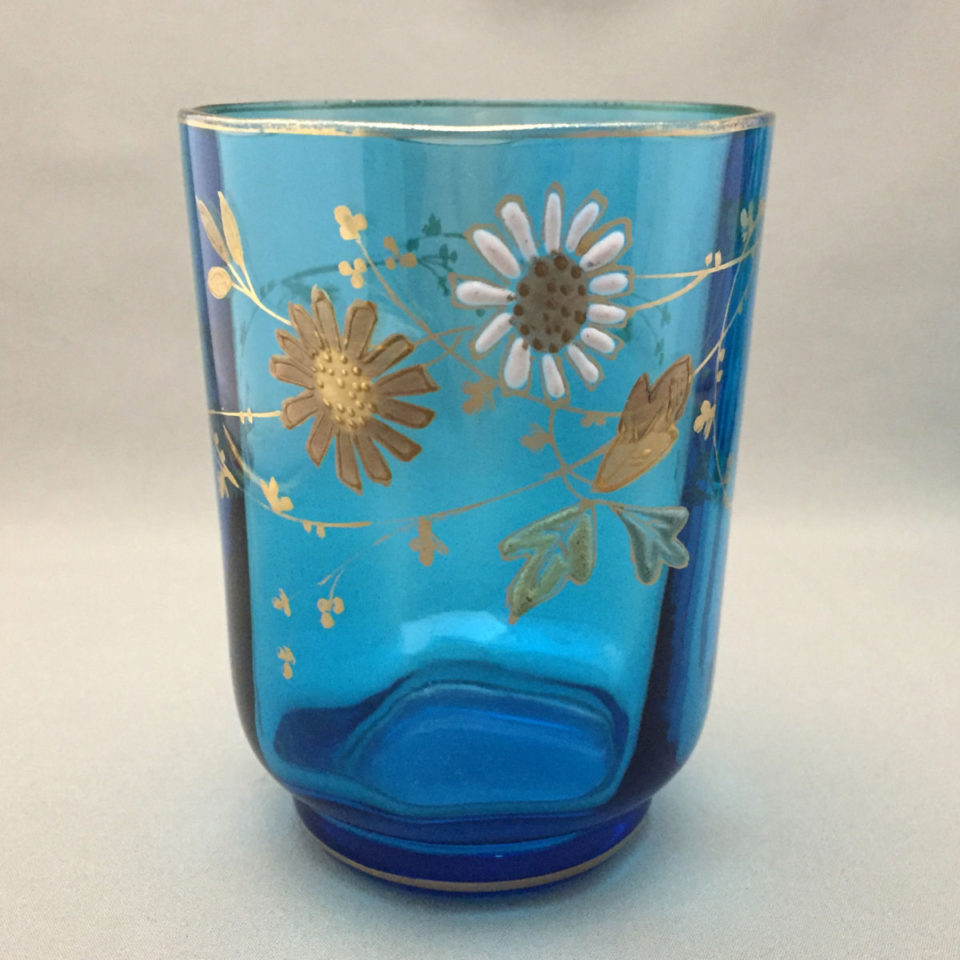 グラスウェア「ブルーガラス エナメル装飾 花文様 ゴブレット 高さ6.3cm」