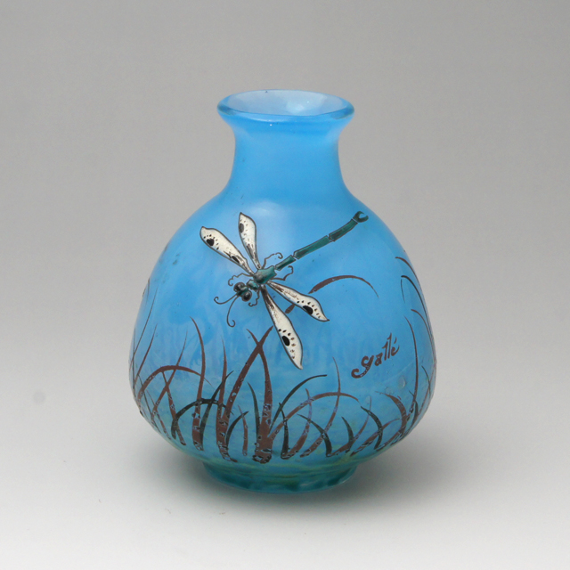 19世紀 Emile Galle エミール・ガレ蓮に蜻蛉トンボ花瓶20.5ｃｍ古美術