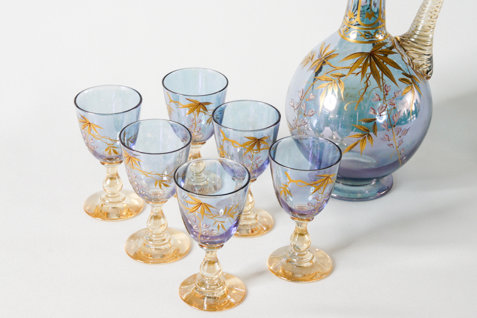 グラスウェア「ジャポニズム 藤に雀文 ラスター彩 リキュールセット」
