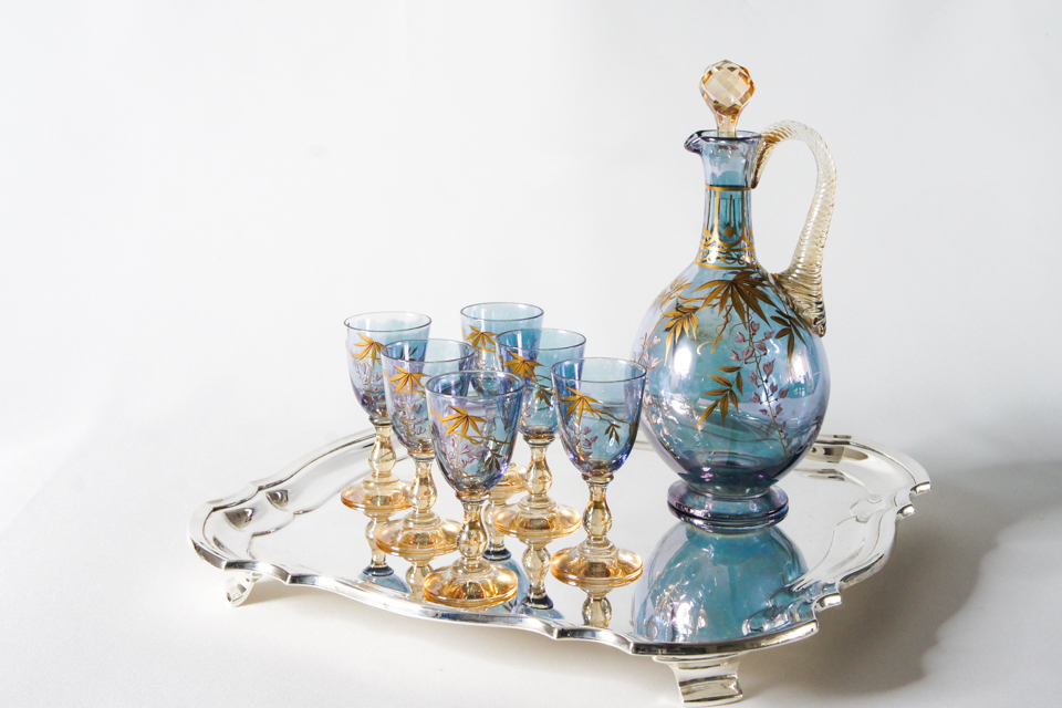 グラスウェア「ジャポニズム 藤に雀文 ラスター彩 リキュールセット」