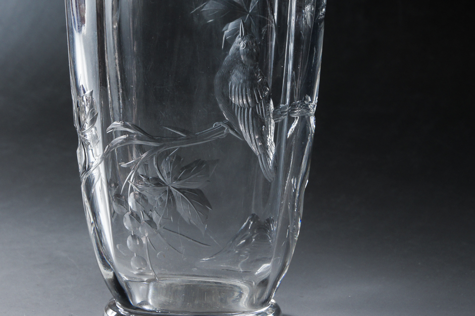 グラスウェア「月夜に小鳥文花瓶」