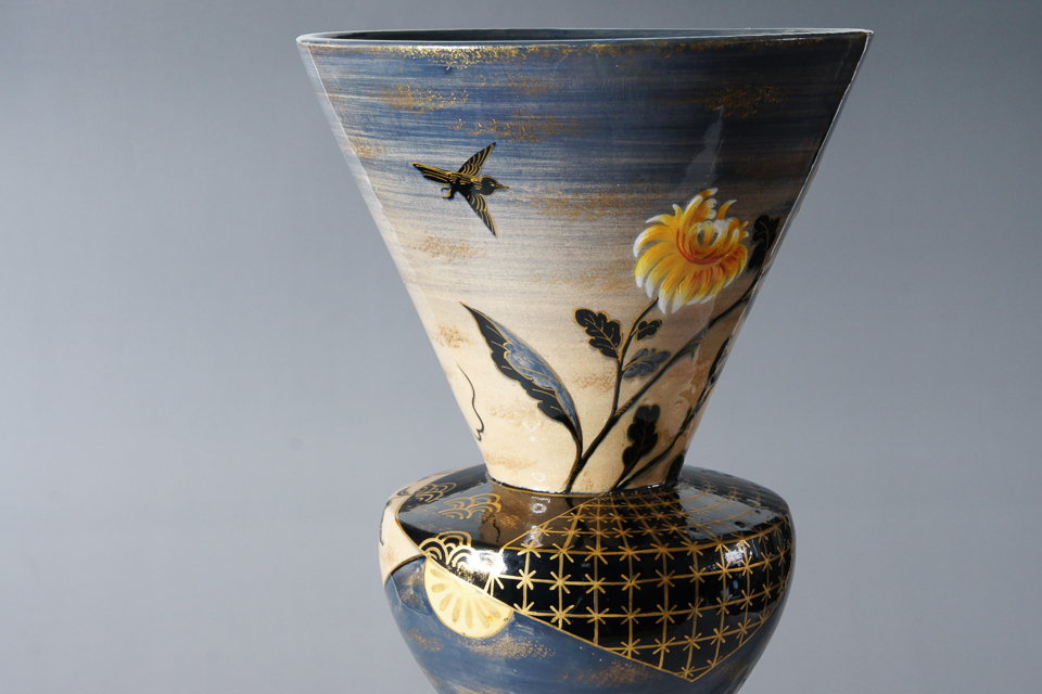 アールヌーヴォー「花鳥文ディアボロ型花瓶」