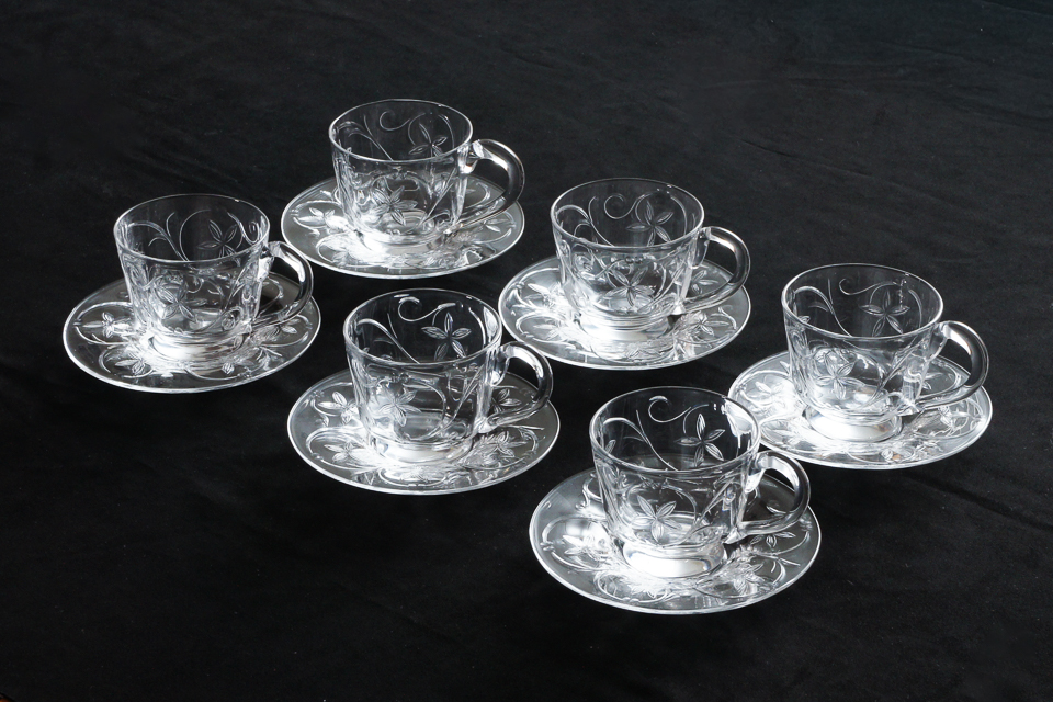 グラスウェア「花文様 カップ&ソーサー 6客組」