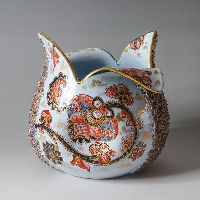 エミールガレ Emile Galle 軟質磁器 花文様 陶器 置物 インク壺 エミール・ガレ「古伊万里風 花唐草文 柘榴型花器」《アンティックかとう》